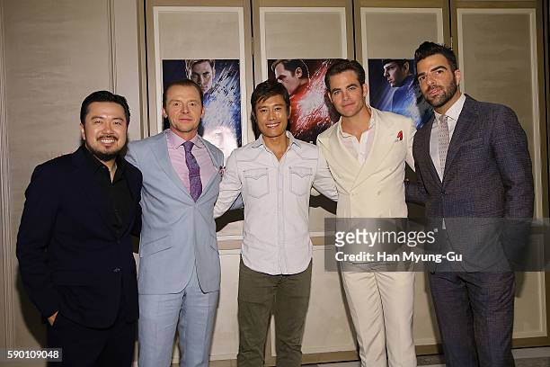 Actors Simon Pegg, Chris Pine, Zachary Quinto, Lee Byung-Hun and director Justin Lin attend the Fan Screening of the Paramount Pictures title "Star...