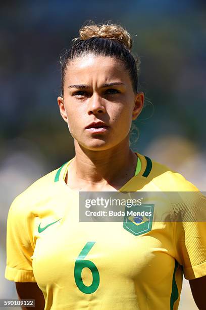 Tamires of Brazil looks on ahead of the Women's Football Semi Final between Brazil and Sweden on Day 11 of the Rio 2016 Olympic Games at Maracana...