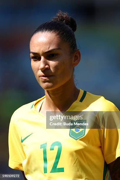 Poliana of Brazil looks on ahead of the Women's Football Semi Final between Brazil and Sweden on Day 11 of the Rio 2016 Olympic Games at Maracana...