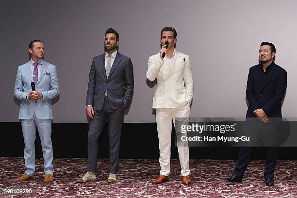 Actors Simon Pegg, Chris Pine, Zachary Quinto and director Justin Lin attend the Fan Screening of the Paramount Pictures title "Star Trek Beyond" on...