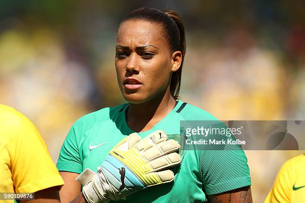 Barbara of Brazil looks on ahead of the Women's Football Semi Final between Brazil and Sweden on Day 11 of the Rio 2016 Olympic Games at Maracana...