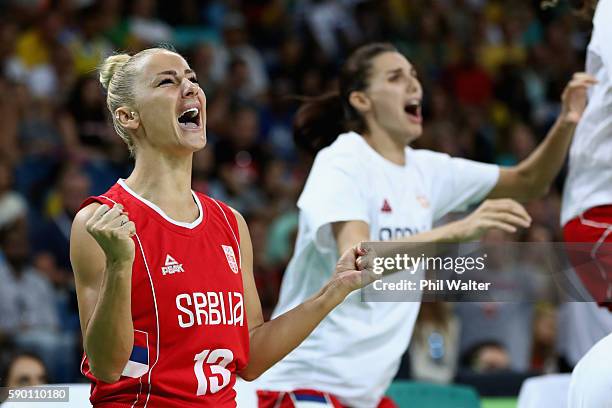 Milica Dabovic of Serbia celebrates following the Women's Quarterfinal match between Australia and Serbia at the Carioca Arena on August 16, 2016 in...