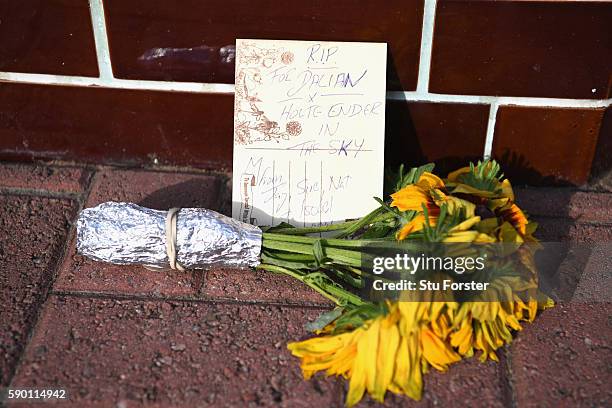 Dalian Atkinson tributes are left outside the stadium prior to the Sky Bet Championship match between Aston Villa and Huddersfield Town at Villa Park...