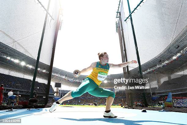 Dani Samuels of Australia competes during the Women's Discus Throw Final on Day 11 of the Rio 2016 Olympic Games at the Olympic Stadium on August 16,...