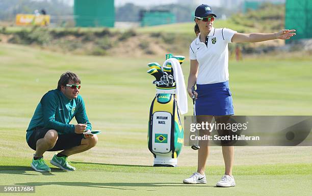 Miriam Nagl of Brazil looks over a green during a practice round prior to the start of the women's golf during Day 11 of the Rio 2016 Olympic Games...