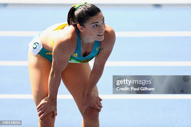 Michelle Jenneke of Australia reacts after competing in the Women's 100m Hurdles Round 1 - Heat 2 on Day 11 of the Rio 2016 Olympic Games at the...