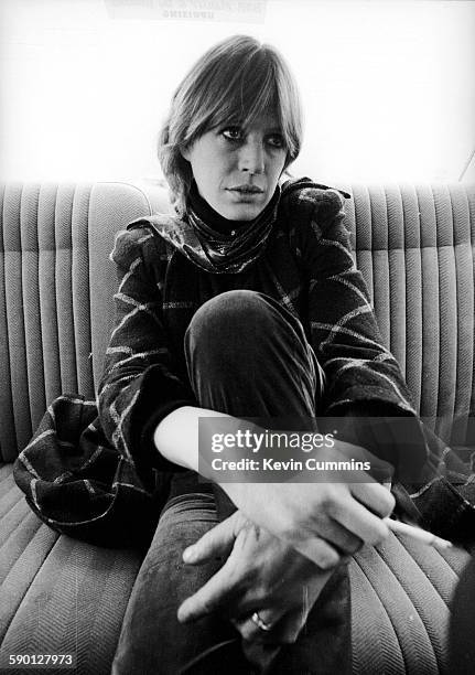 English singer and actress Marianne Faithfull in the back seat of a car, Manchester, November 1981.