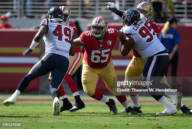 Offensive guard Joshua Garnett of the San Francisco 49ers pass protecting against the Houston Texans during the first quarter at Levi's Stadium on...