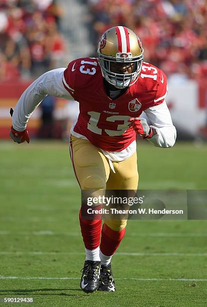 Wide receiver Aaron Burbridge of the San Francisco 49ers runs a pass rout against the Houston Texans during the second quarter at Levi's Stadium on...