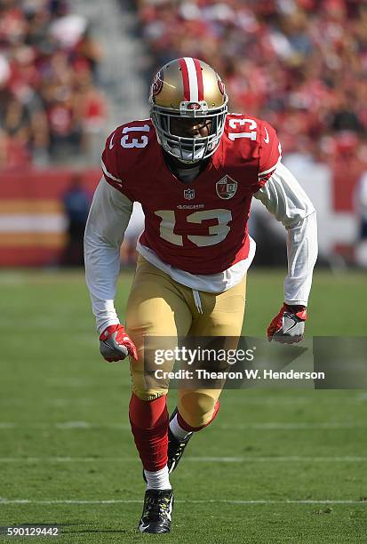 Wide receiver Aaron Burbridge of the San Francisco 49ers runs a pass rout against the Houston Texans during the second quarter at Levi's Stadium on...