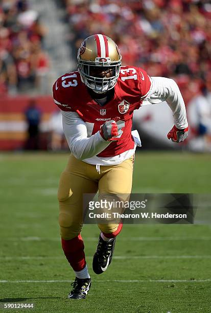 Wide receiver Aaron Burbridge of the San Francisco 49ers runs a pass rout against the Houston Texans during the second quarter at Levi's Stadium on...