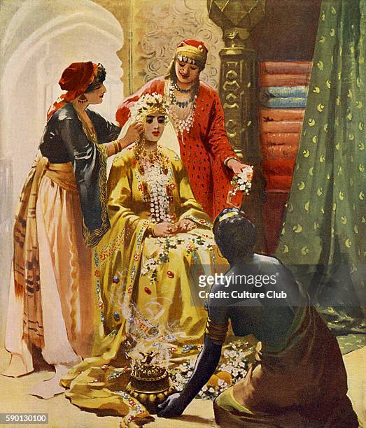Bride being prepared for her wedding ceremony, Middle East - 1913 illustration based on travel in the Holy Land