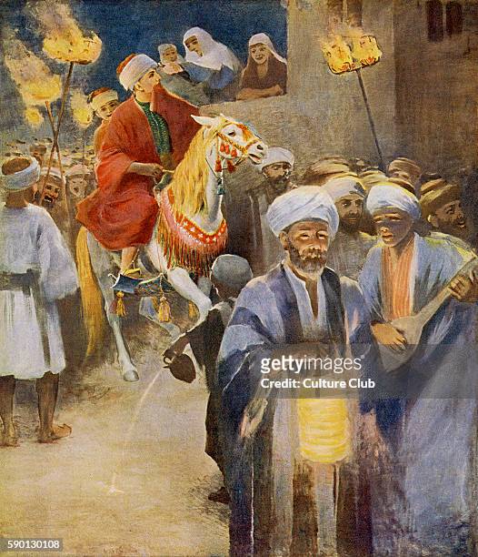 Groom arriving at his wedding ceremony, Middle East - 1913 illustration based on travel in the Holy Land