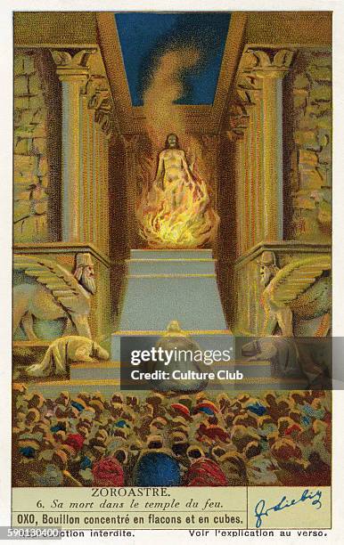 Life of Zarathustra / Zoroaster. Death in the Temple of Fire. Liebig collectors' card 1936