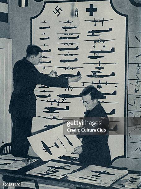 Air cadets ,c. 1940. WWII 1940 at an air force training camp. Cadets at work in the Aircraft Recognition Room