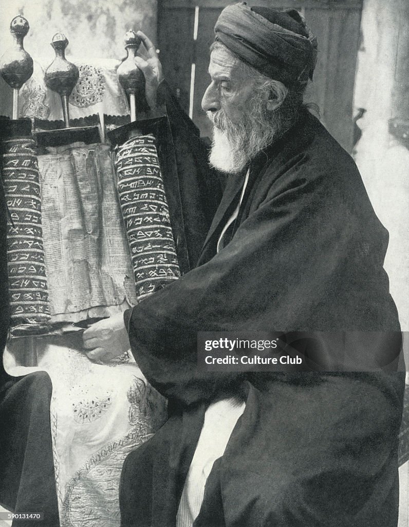 Samaritan priest from Nablus communitywith scrolls of the Law (5 books of Moses) in hard case