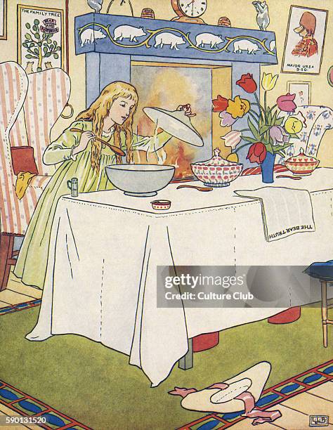 The Three Bears Goldenlocks / Goldilocks tasting their porridge, from The Golden Goose Book illustrated by Leonard Leslie Brooke