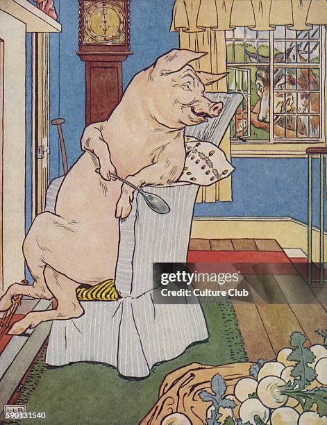 The Three Little Pigs, the wolf at the window of the third pig, from The Golden Goose Book illustrated by Leonard Leslie Brooke