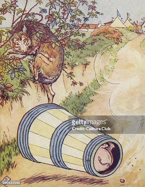 The Three Little Pigs, the third pig frightening the wolf by rolling down the hill in a butter churn from the fair, from The Golden Goose Book...