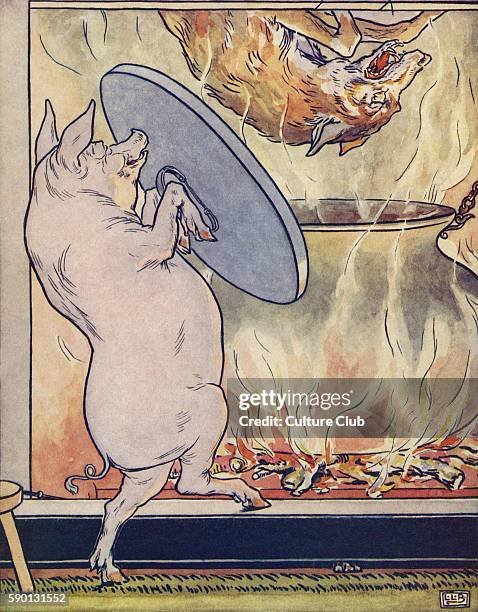 The Three Little Pigs, the third pig boils the wolf when he comes down the chimney, from The Golden Goose Book illustrated by Leonard Leslie Brooke