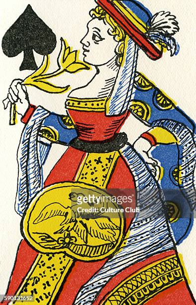 French Revolution discrowned Queen of Spades / Dame de piques. French playing card c. 1797 with royal emblems removed - crown replaced by a hat....