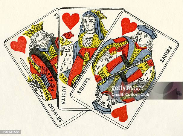 French court cards - hearts / coeurs. King representing Charlemaigne, Queen representing Judith and jack / knave representing Lahire. Early 19th...