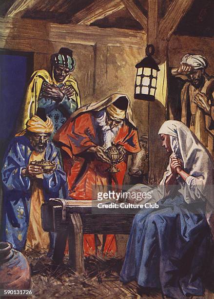 Jesus' birth in Bethlehem with the three wise Kings and Mary and Joseph. Caption: 'Saying, Where is he that is born King of the Jews? for we have...