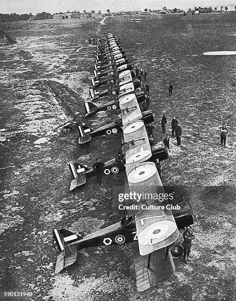 Bombing squadron - fleet of military planes lined up at St Omer, France during the First World War, 1918