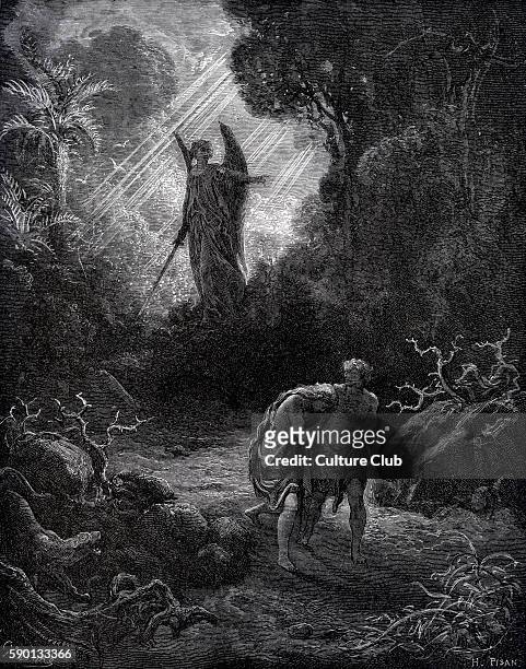 The fall / Expulsion of Adam and Eve from Paradise, the Garden of Eden , illustration by Gustave Dor