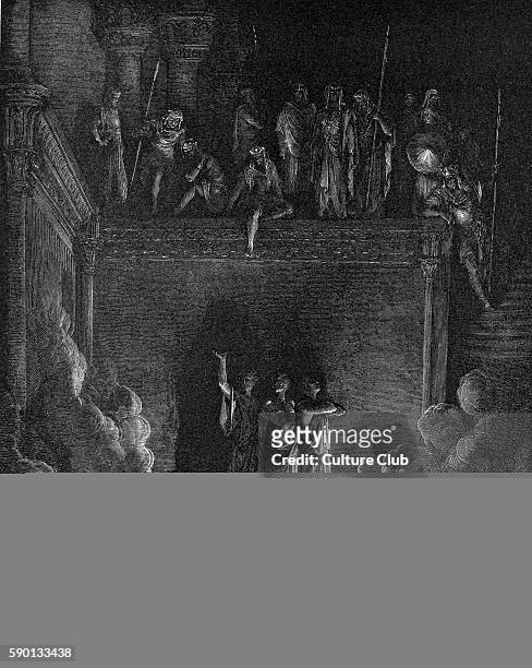 The companions of the prophet Daniel, Shadrach Meshach amd Abednego, are thrown into the fiery furnace by King Nebuchadnezzar illustration by Gustave...