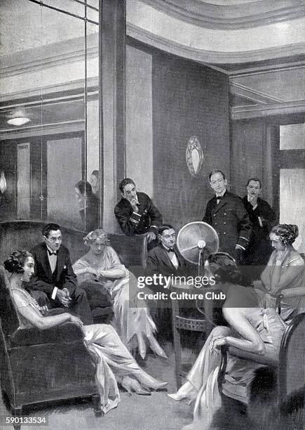 'Le concert a bord' - Concert on board the ocean liner 'Paris' - officers and passengers gathered round a loudspeaker listen to an operatic aria...