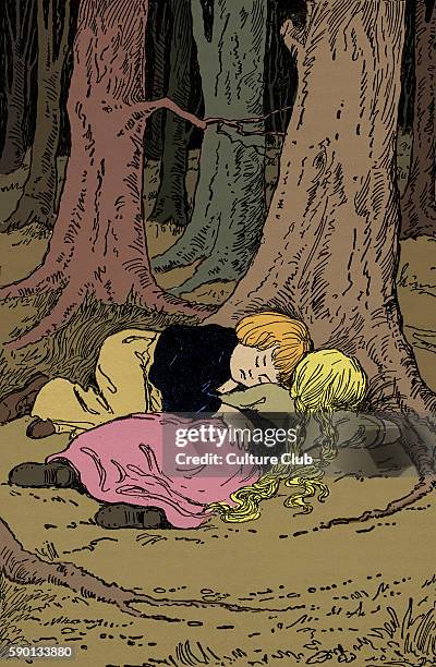 Hansel and Gretel fall asleep in the woods. By Brothers Grimm, first published 1812