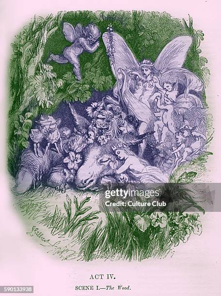 Midsummer Night's Dream by William Shakaespeare. Bottom and the Fairies and Titania. Act IV, Scene 1.. Illustration by John Gilbert. English poet and...
