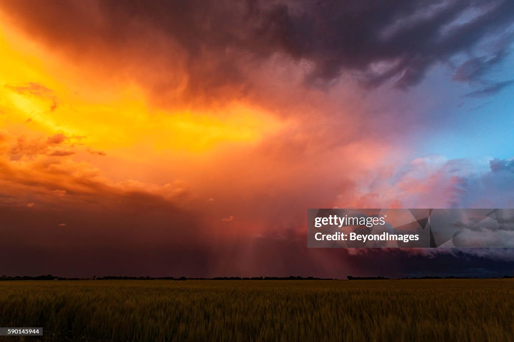 Spectacular sunset colours on storm clouds in Tornado Alley