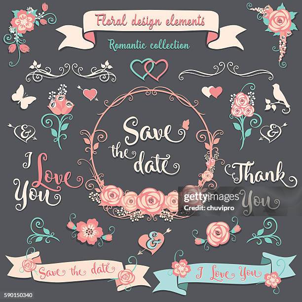 floral design elements romantic vintage collection - save the date stock illustrations