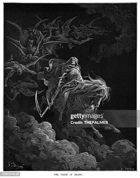 the vision of death engraving 1870 - hell stock illustrations