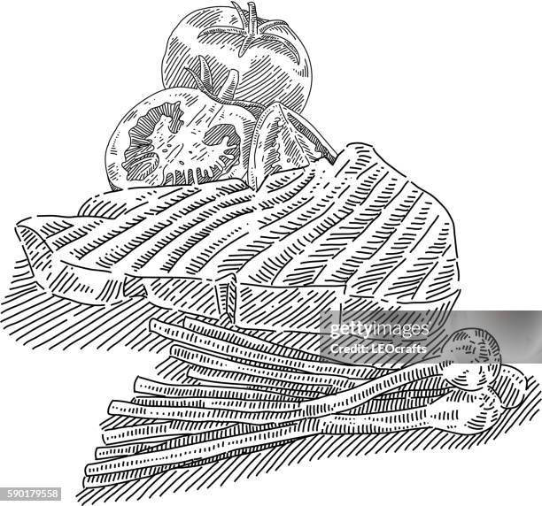 grilled meat drawing - cooked steak white background stock illustrations