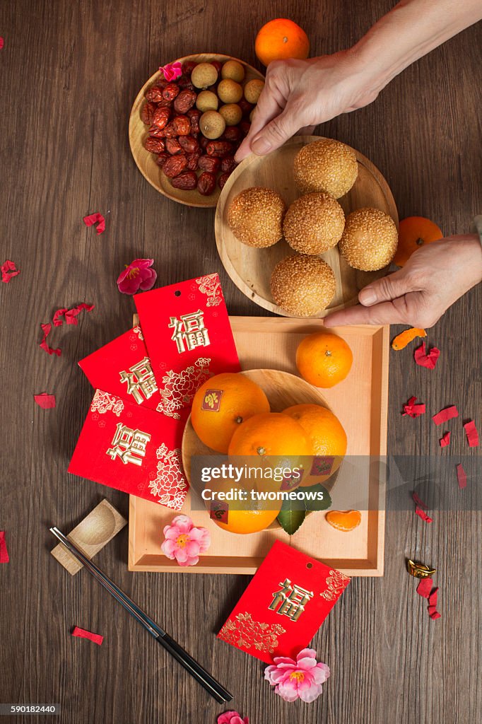 Chinese lunar new year food serving table top shot.