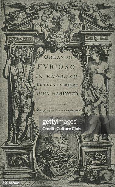 Title page of the English translation of 'Orlando Furioso', by Ludovico Ariosto, with portrait of the translator John Harington. 16th century. LA:...