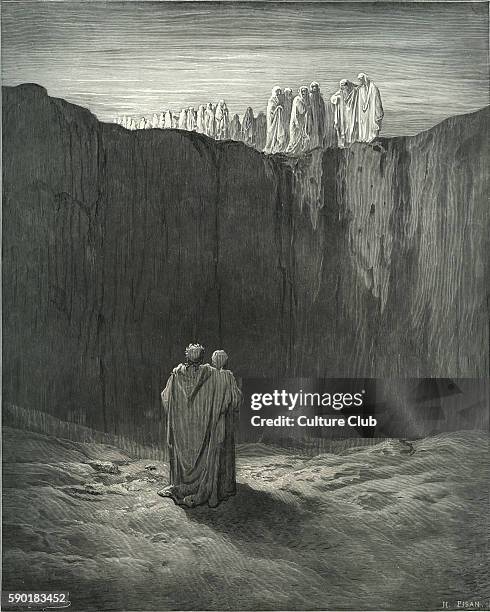 Dante's purgatory, part of his Divina Commedia / Divine Comedy. Illustration by Gustave Dor. Canto III lines 54-59 'And while, with looks directed...