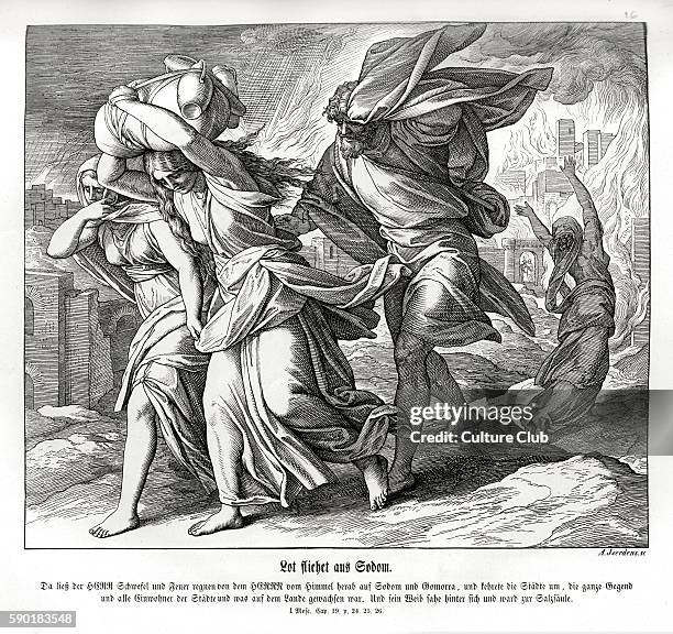 Lot and his family flee from Sodom, Genesis chapter XIX verse 24-26 'Then the Lord rained upon Sodom and upon Gomorrah brimstone and fire from the...