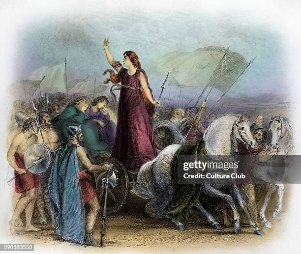 Boudica or Boadicea, Queen of the British Iceni tribe, a Celtic tribe who led an uprising against the occupying forces of the Roman Empire. Caption...
