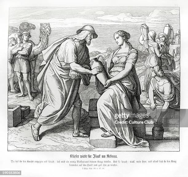 Eliezer and Rebecca at the well, Genesis chapter XXIV verses 64 - 65 ' And the servant ran to meet her, and said, Let me, I pray thee, drink a little...