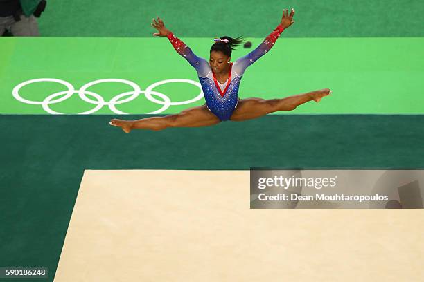 Simone Biles of the United States competes on the Women's Floor final on Day 11 of the Rio 2016 Olympic Games at the Rio Olympic Arena on August 16,...