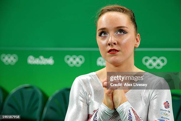 Amy Tinkler of Great Britain waits for the score of Vanessa Ferrari of Italy on the Women's Floor final on Day 11 of the Rio 2016 Olympic Games at...