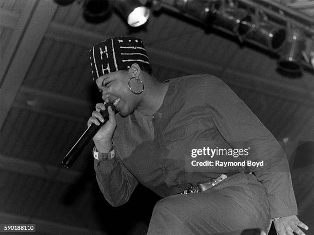 Rapper Queen Latifah performs at the U.I.C. Pavilion in Chicago, Illinois in February 1990.