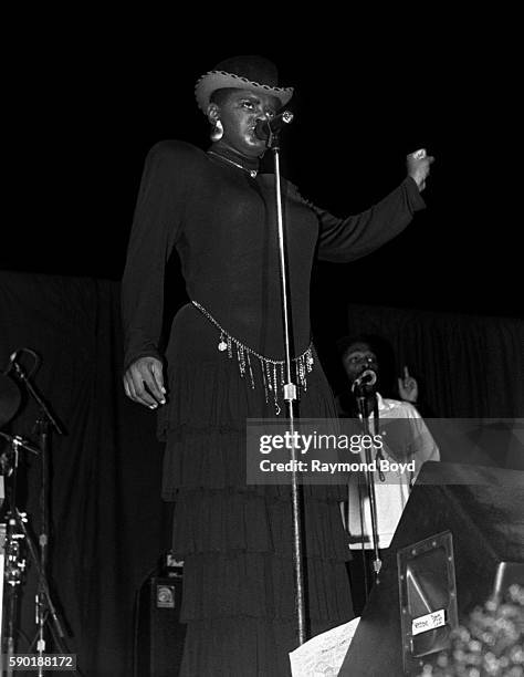 Singer Jane Eugene of Loose Ends performs at the Riverside Theatre in Milwaukee, Wisconsin in November 1988.