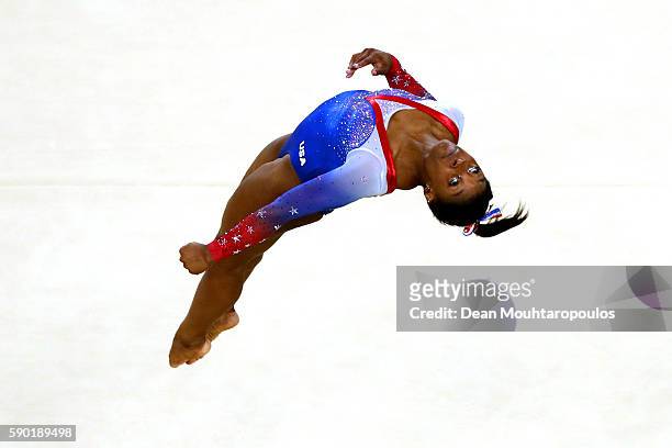 Simone Biles of the United States competes on the Women's Floor final on Day 11 of the Rio 2016 Olympic Games at the Rio Olympic Arena on August 16,...