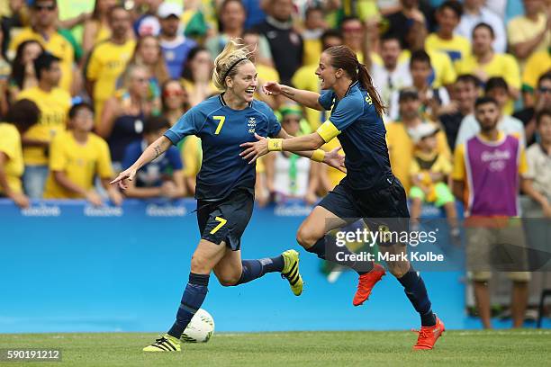 Lisa Dahlkvist of Sweden celebrates victory in the Women's Football Semi Final between Brazil and Sweden on Day 11 of the Rio 2016 Olympic Games at...