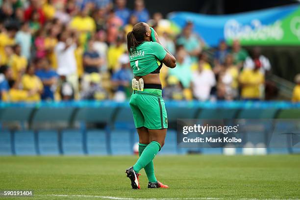 Barbara of Brazil looks dejected following the Women's Football Semi Final between Brazil and Sweden on Day 11 of the Rio 2016 Olympic Games at...